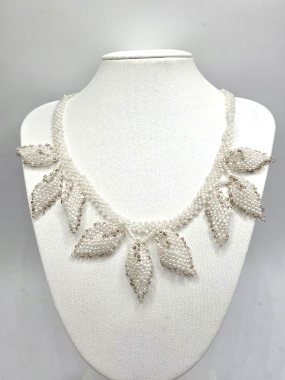Handmade White Seed Beaded Necklace With Leaf Design & Silver Clasp